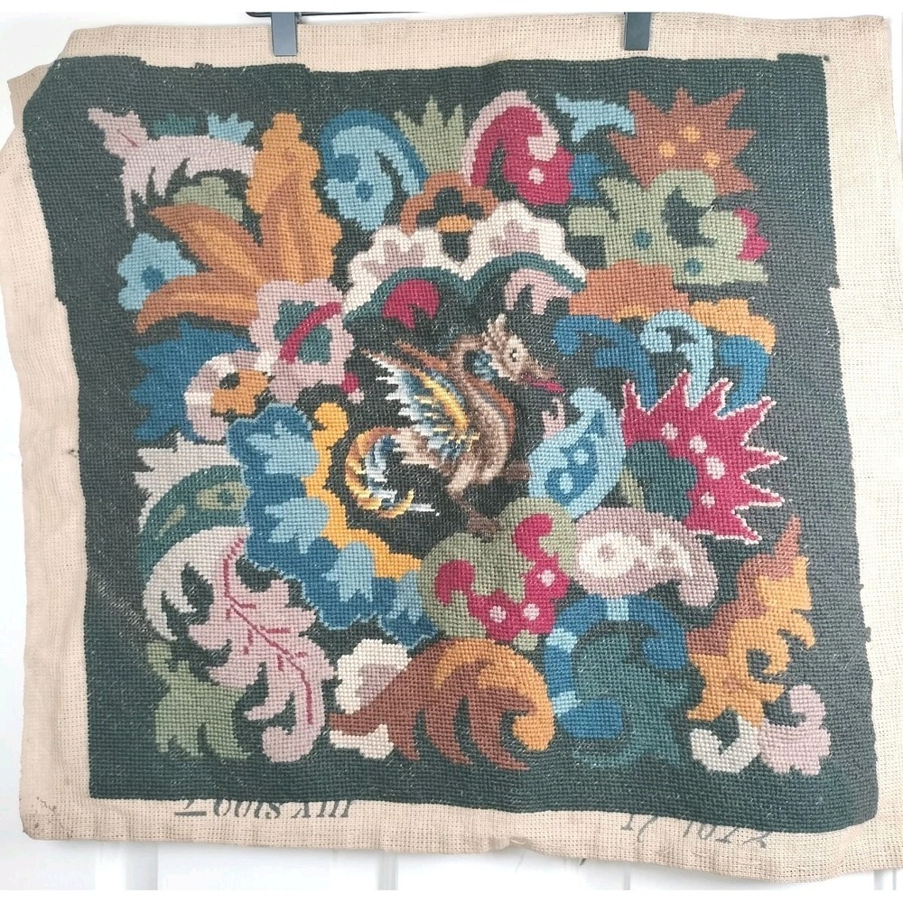 Vintage Louis XII Needlepoint Canvas Incomplete Project Background Wool Floral